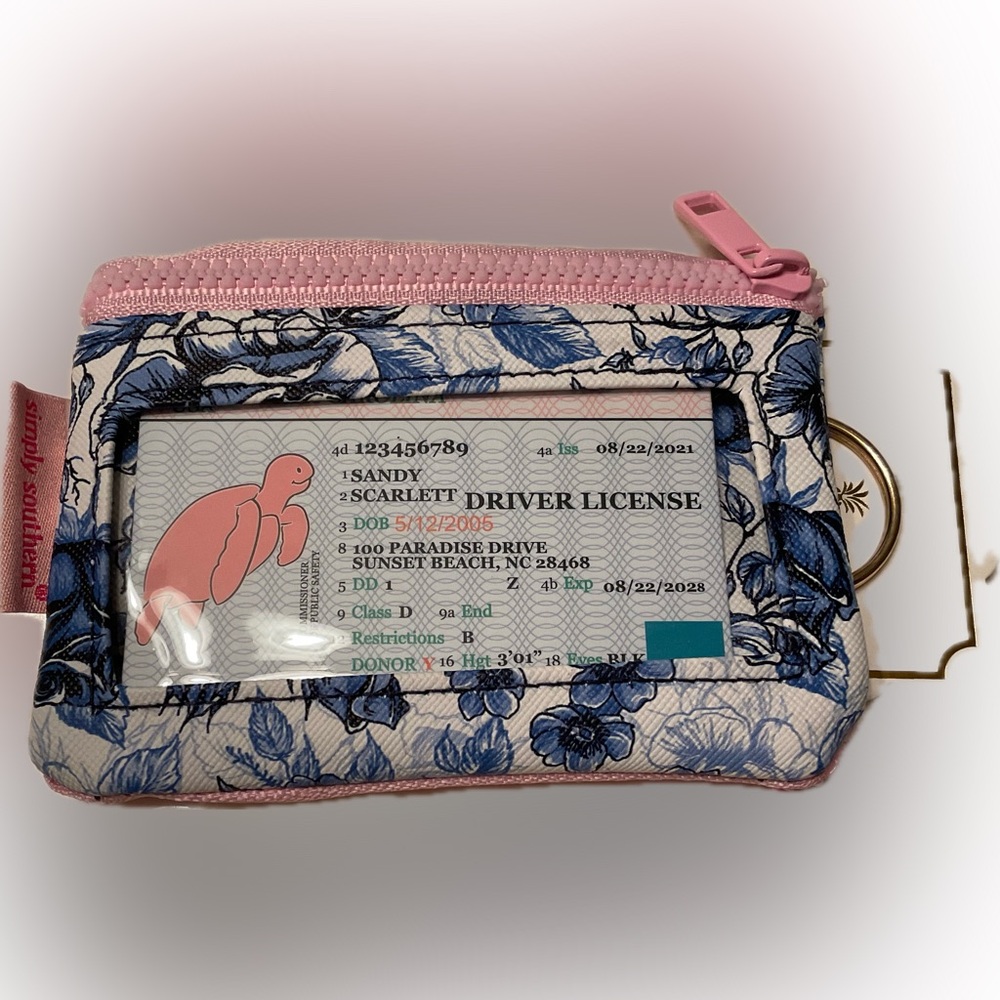 Simply Southern Blue Floral ID Holder with Duo Pink Zippers & outside pocket.